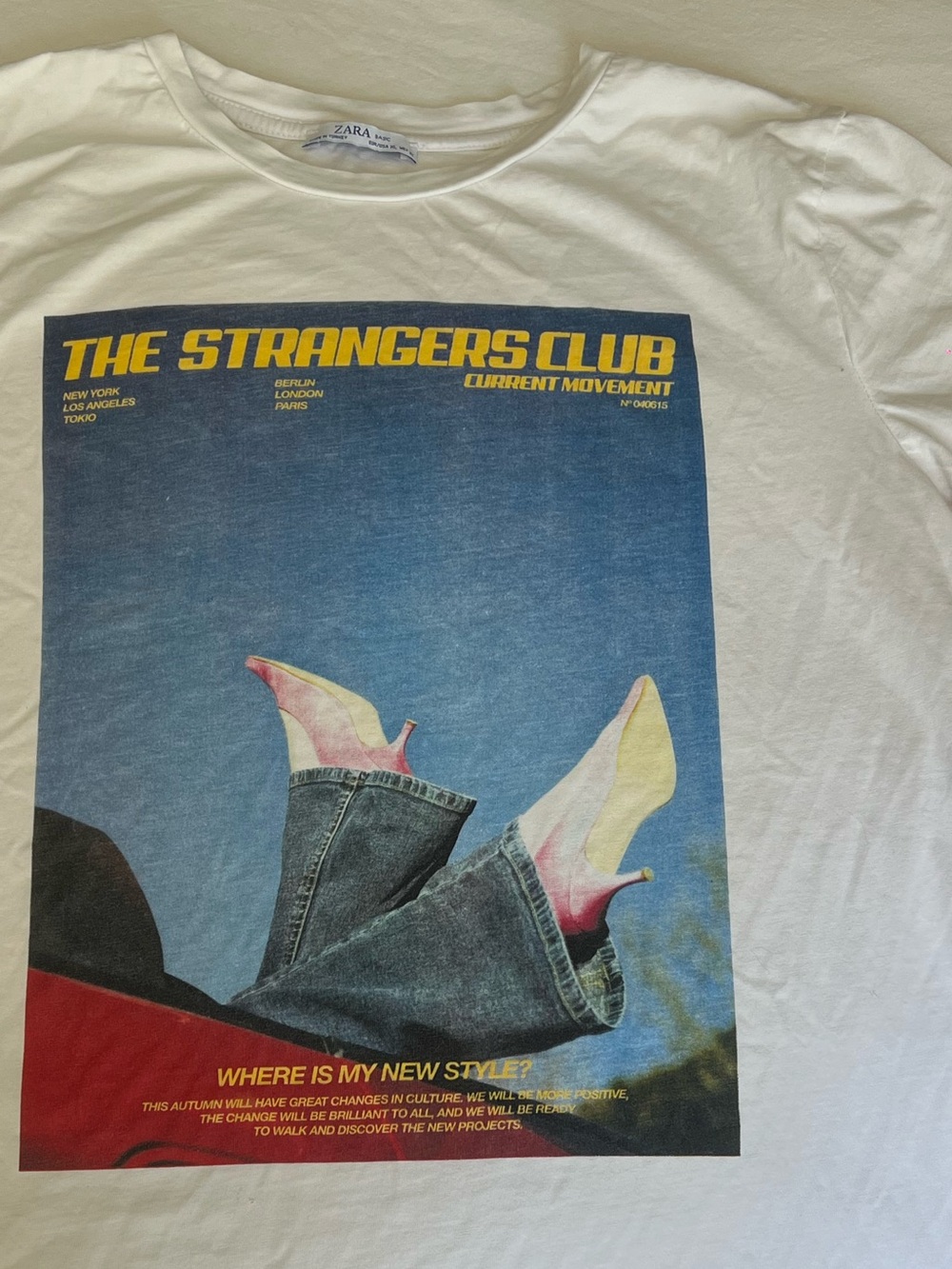 Zara White Tee with Blue Block and Yellow Graphic